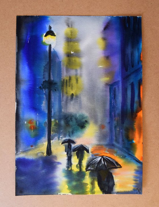 Rainy night New York original watercolor painting, abstract cityscape