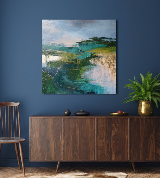 "Riverside" Abstract forest green gold art