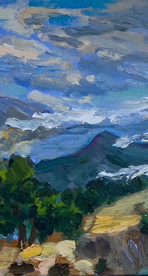 "Sunset in Crimea mountains", 18*24cm, impressionistic oil mountains landscape etude painting by Olga Blazhko