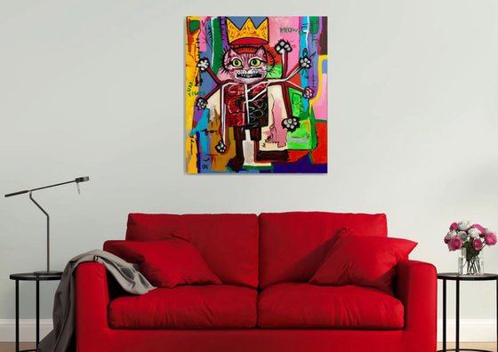 KING TROY the cat, ( 102 x 91 cm, 40 x 36 inches),  multi-armed, multitasking, inspired by Basquiat and Indian culture, solving the problems of the modern rapidly changing world in parallel and seamlessly