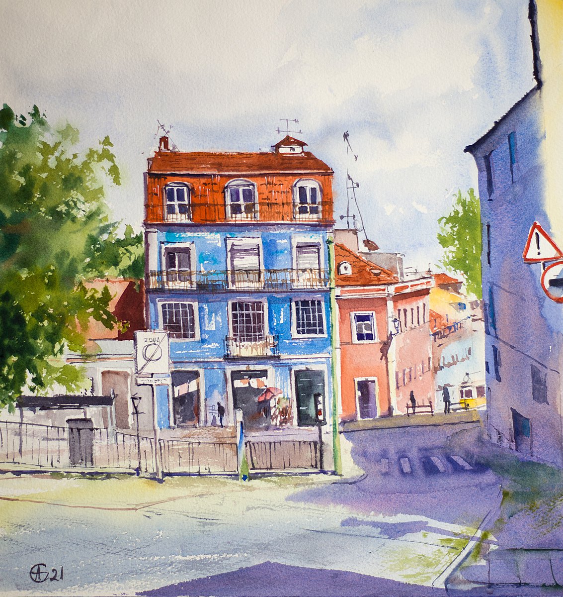 Lisbon street in Alfama. Urban cute landscape. Medium format watercolor urban landscape po... by Sasha Romm