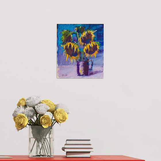 Sunflowers on blue. Oil pastel painting. Summer small painting interior decor