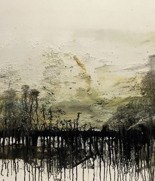 Landscape black, white, ocher, blue by Tiny de Bruin