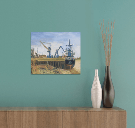 Unloading a ship Dockside, An original plein air oil painting