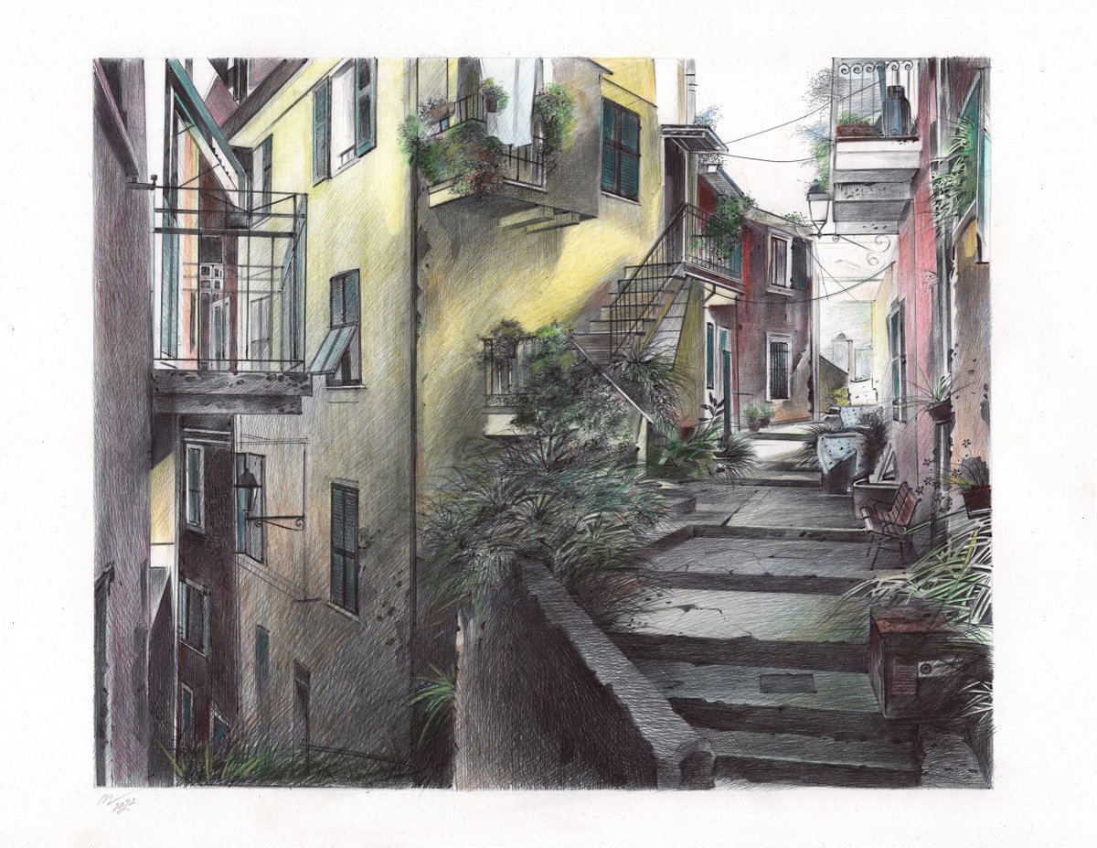 Photorealistic Cityscapes Drawing By Daria Maier, 17 X 13, Old Italian Town, Original Artwork