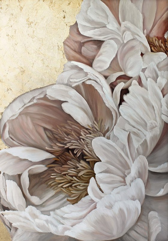 "Golden Silk Flowers" Gold white peony art