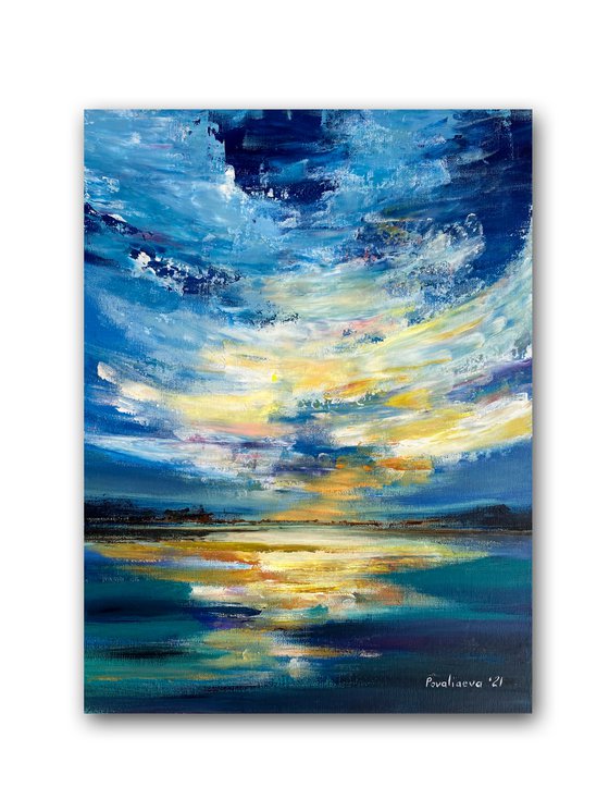 Sea  landscape painting, dawn at the sea acrilic abstraction, blue abstract artwork , sea and sky original art medium size