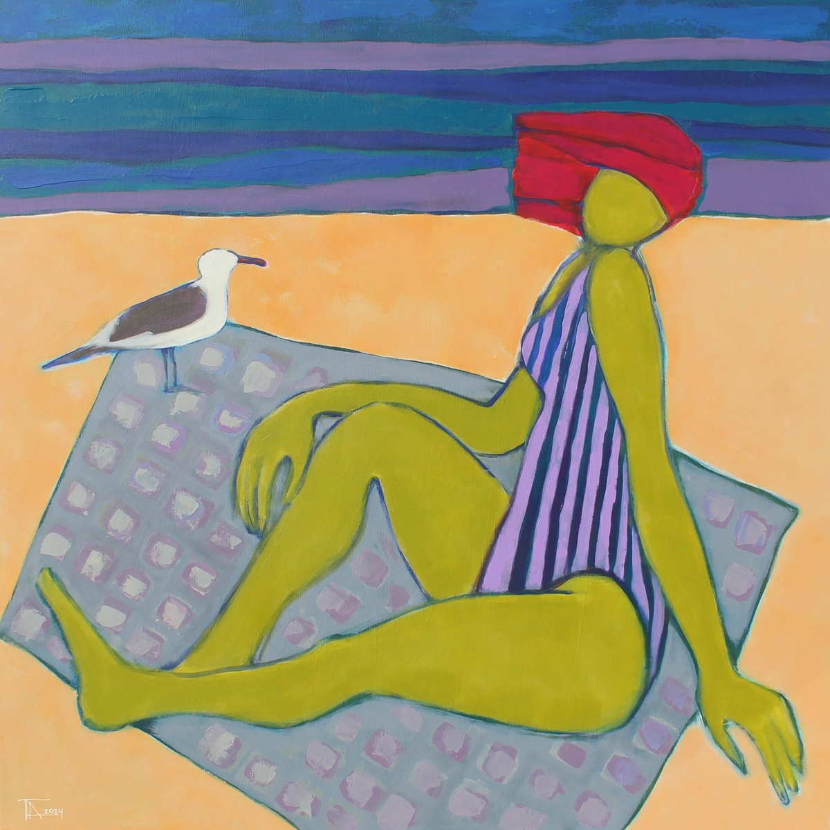 Organic Portrait Acrylic Painting By Tatjana Auschew, 39 X 39", On The Beach., Original Artwork