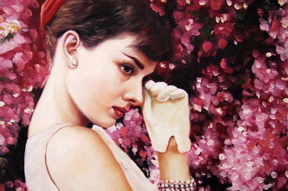 Audrey Hepburn Portrait “ Audrey Hepburn and bougainvillea”