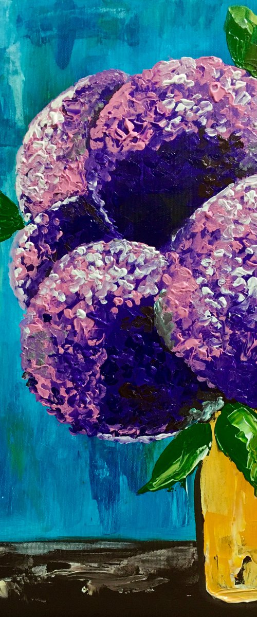 Purple and Pink  hydrangea on turquoise in a yellow vase palette  knife Original Acrylic painting office home decor gift by Olga Koval