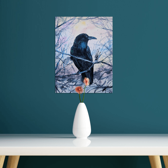 Raven watercolor painting, black crow wall art, gothic home decor, Halloween gift