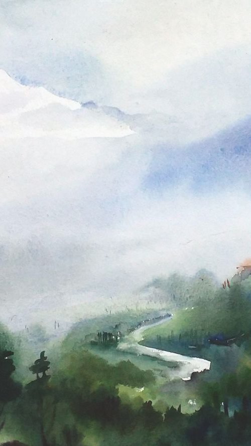 Mountain Peak & Mountain Landscape - watercolor painting by Samiran Sarkar