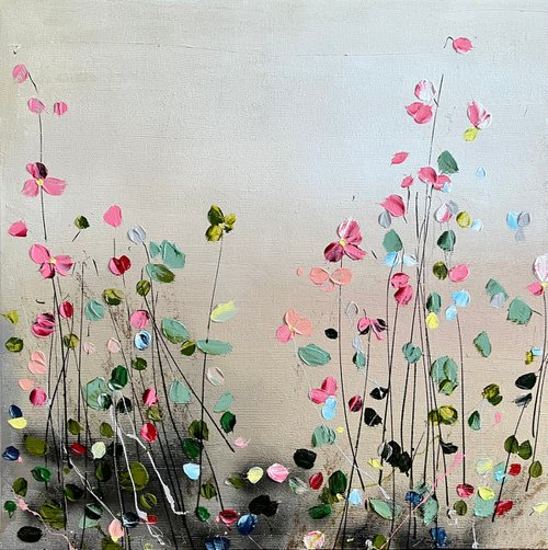 Square acrylic painting with flowers “Flowers In The Morning” 90x90cm by Anastassia Skopp