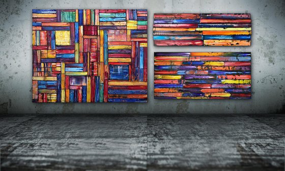 "Building A Fortress" - Original Xt Large PMS Abstract Triptych Oil Paintings On Canvas, Wooden Panels and Wooden Pieces - 108" x 48"