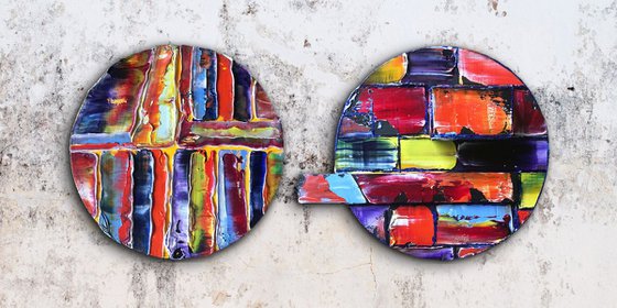 "Circle Back" - Save As A Series - Original PMS Mixed Media Sculptural Paintings On Tondo - 17.5 x 8 inches