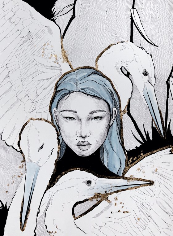 Asian woman with herons