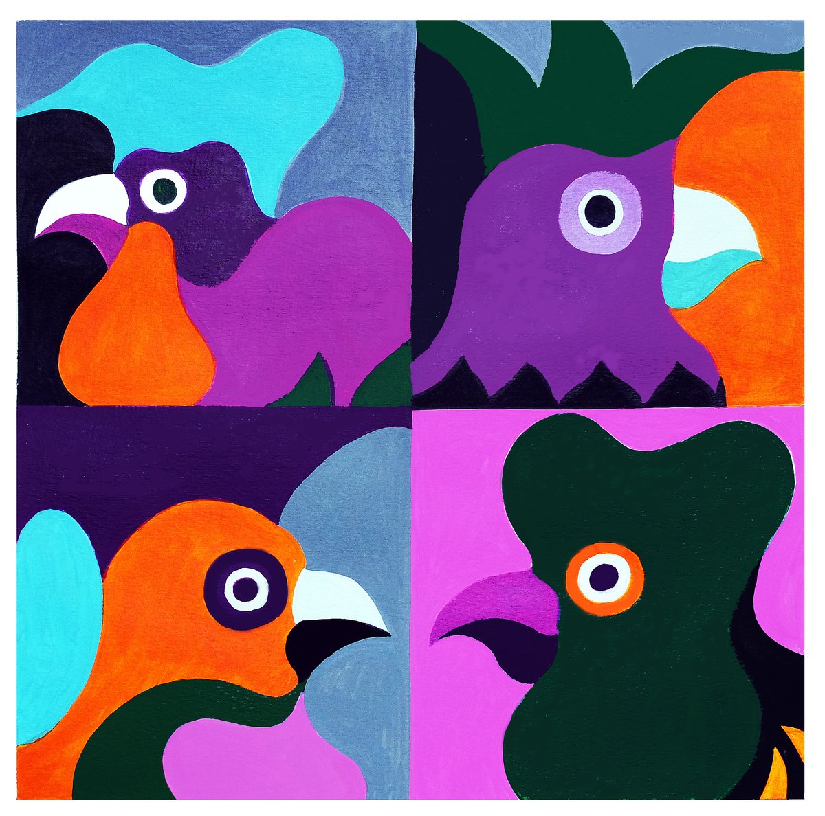 Graphic Acrylic Painting , Roosters_Heads-Haiti-02 By Andre Baldet, 13 X 13, Artwork For Sale On Artfinder