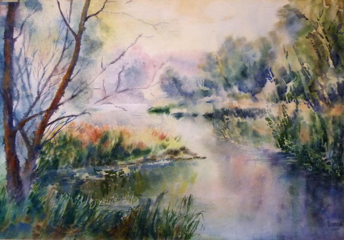 Impressionistic Landscape Watercolour By Yurii Pashkov, 36 X 25", Dawn On The River, Original Artwork