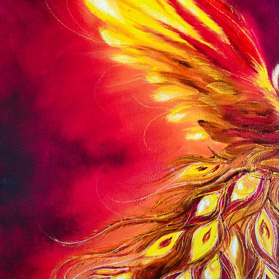 THE ENERGY OF THE FLAME - Firebird fabulous. Fantastic phoenix. Abstract firebird. Faming phoenix. Fire bird. Big wings. Gold feathers. Magic. Flight. Shine. Ash.