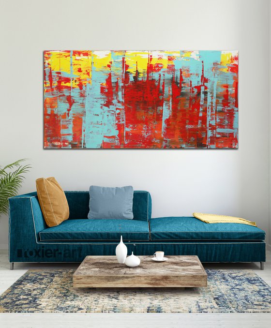 XL Abstract Painting - Static in Red - 180x90 cm - Ronald Hunter - 17D