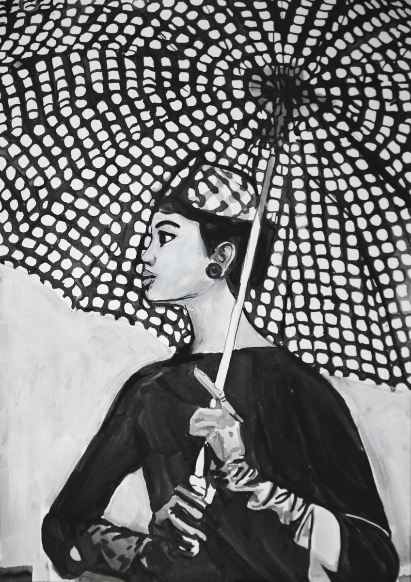 Urban And Pop Portrait Ink Drawing By Alexandra Djokic, 12 X 17, Lady With Umbrella, Original Artwork
