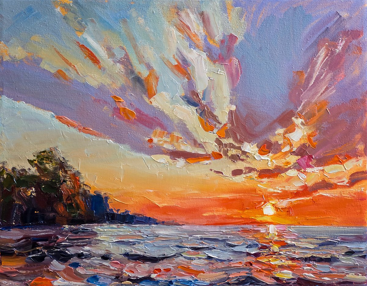 Impressionistic Landscape Oil Painting By Daria Zavadenko, 18 X 14, Splash Of Sunset, Original Artwork