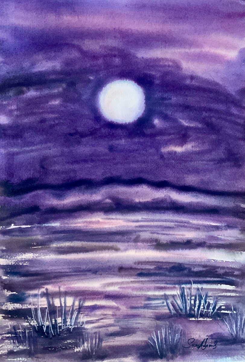 Expressive Watercolour , The Chesil Full Moon, Dorset By Samantha Adams, 12 X 19, Artwork For Sale On Artfinder