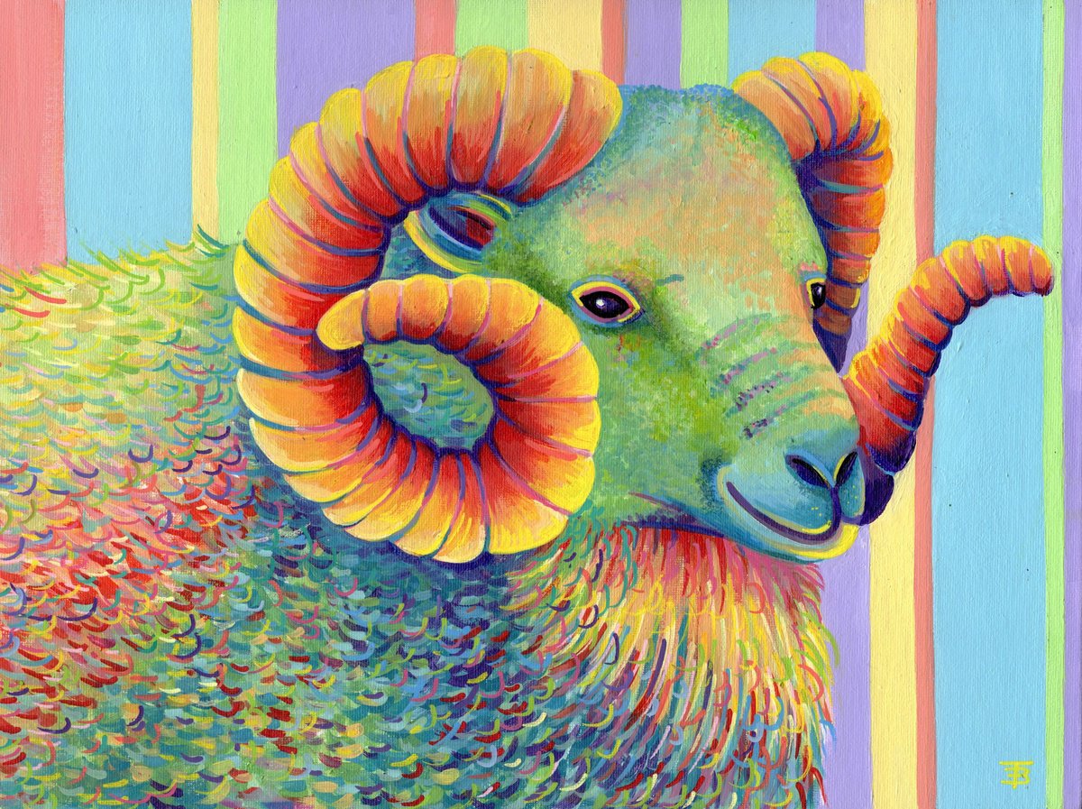 Animal Acrylic Painting By Tiffany Budd, 19 X 15", Rammstein The Ram, Original Artwork