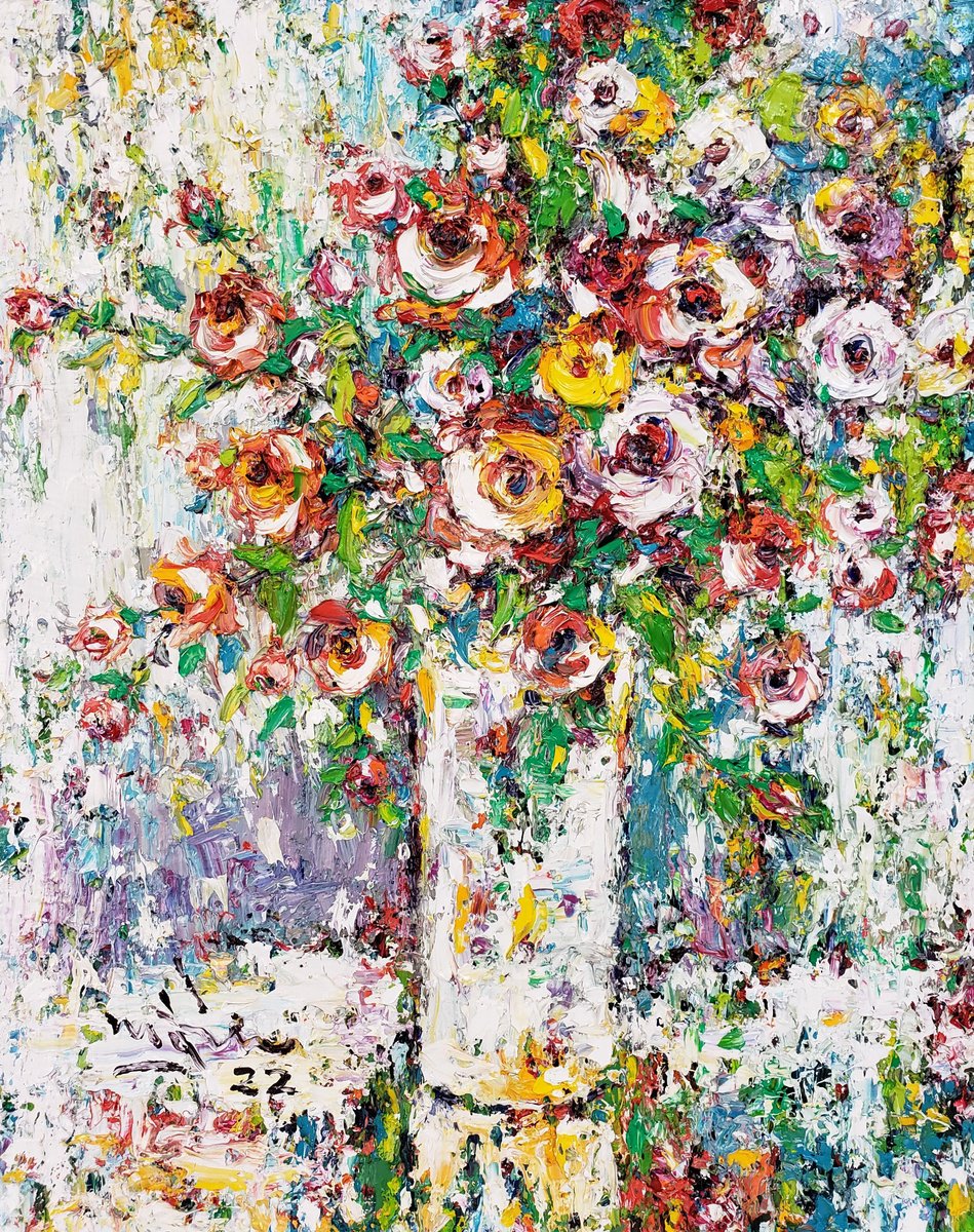 Impressionistic Botanical Oil Painting By Duc Tran, 16 X 20, Flowers Vase, Original Artwork
