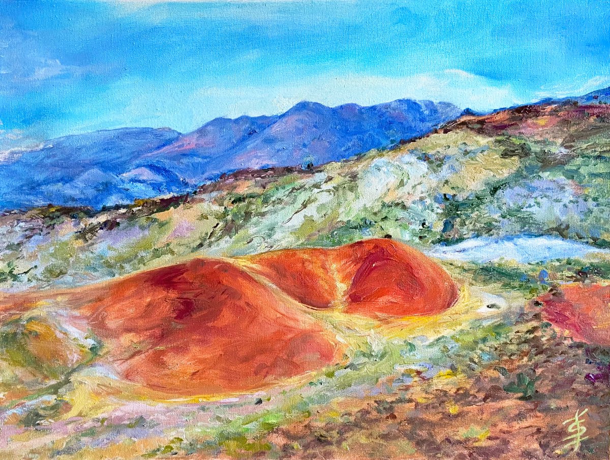 Impressionistic Landscape Oil Painting By Elvira Sesenina, 16 X 12, Red Hills, Original Artwork
