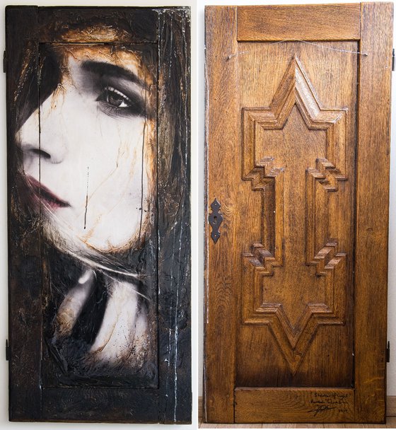 "Shadow of light" (XL artwork 124x57x2.5 cm) - Unique portrait artwork on wood (abstract, portrait, gold, original, resin, beeswax, painting)