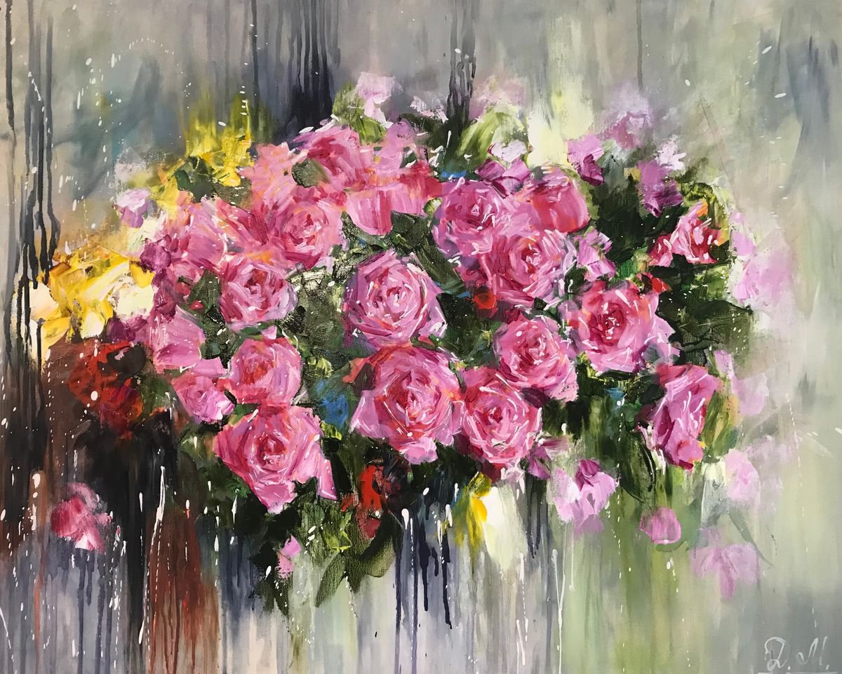 Impressionistic Botanical Oil Painting By Diana Malivani, 30 X 24, Garden Roses, Original Artwork