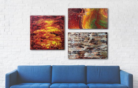 "Earth, Wind and Fire" - Save As Series - Original Large PMS Abstract Triptych Acrylic Paintings On Canvas - 66" x 42"