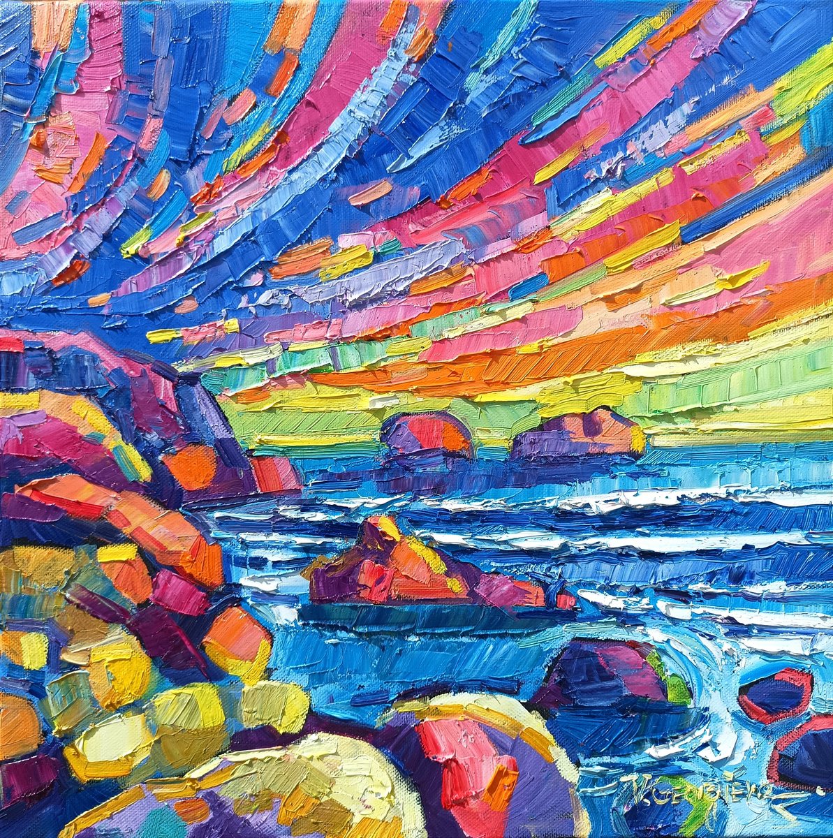 Expressive Landscape Oil Painting By Vanya Georgieva, 16 X 16", Beautiful Sea 2, Original Artwork