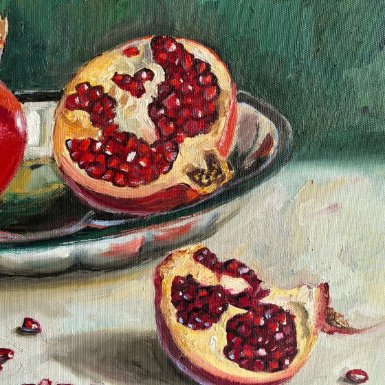 Pomegranates on metal tray