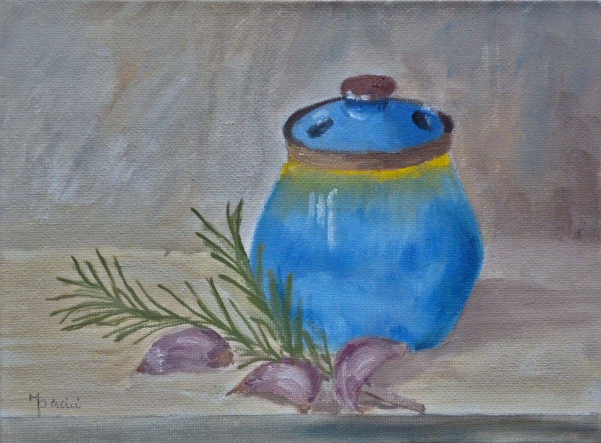 Impressionistic Still Life Oil Painting By Maddalena Pacini, 8 X 6", The Garlic Pot, Original Artwork