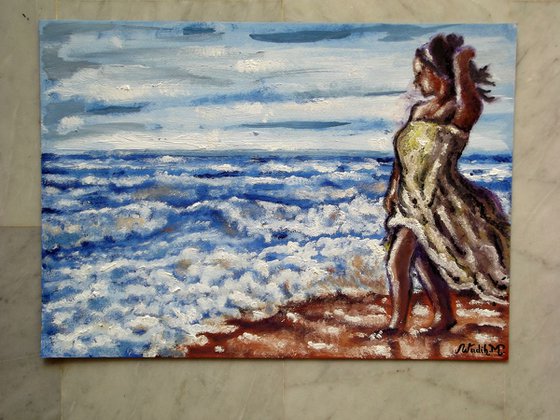 A MEMORABLE WALK - SEASIDE GIRL - Thick oil painting - 42x29.5cm