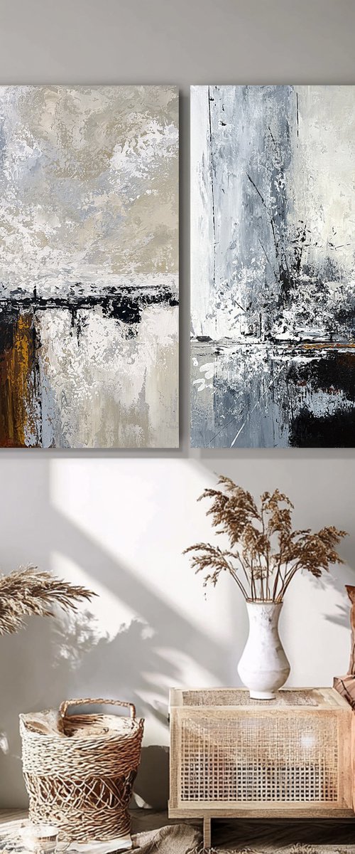 Silent Convergence neutral set diptych by Tatiana Malinovscaia