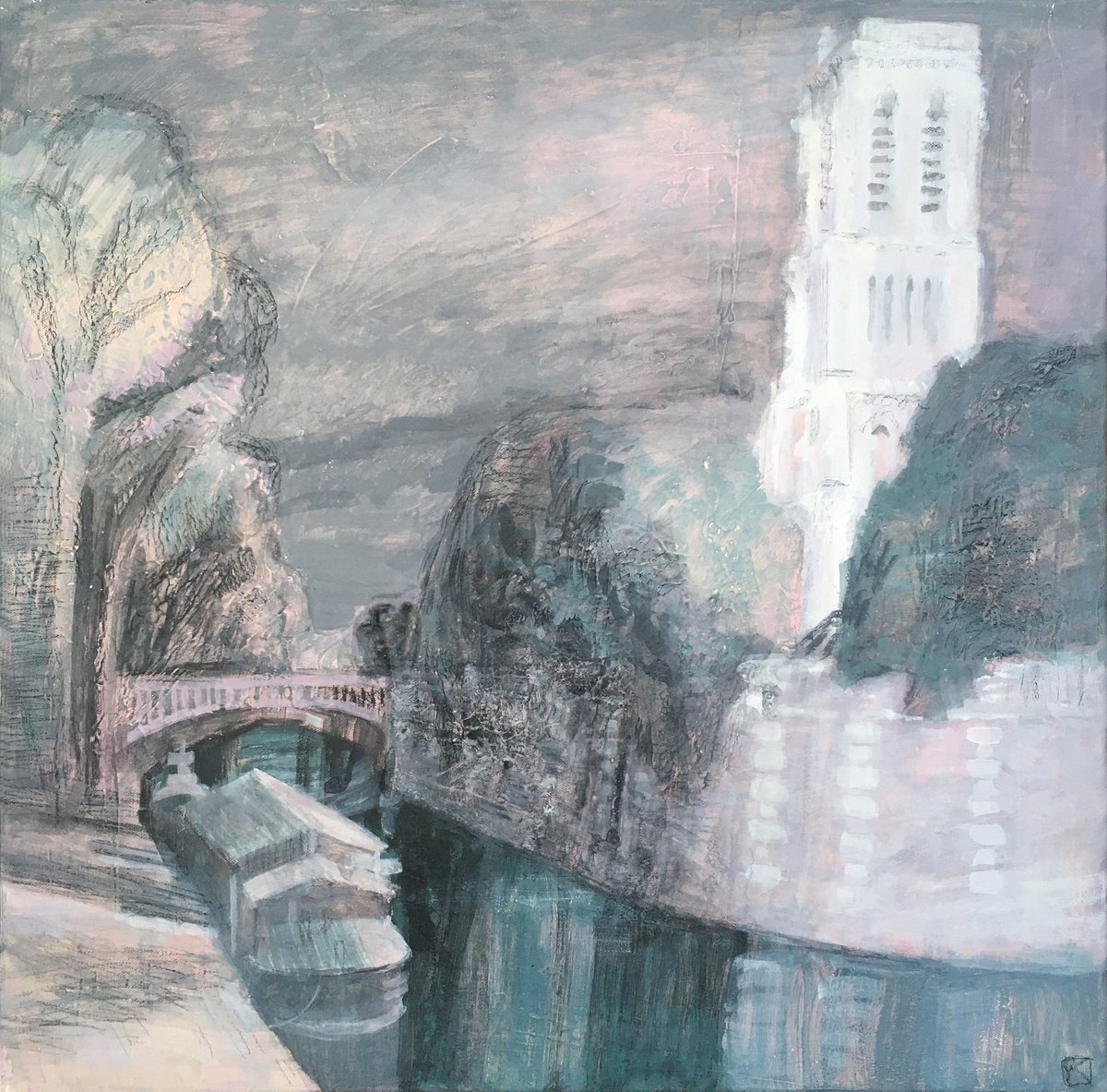 Impressionistic Landscape Acrylic Painting By Olga Kataeva-Rochford, 24 X 24", Port Of Montebello, Original Artwork