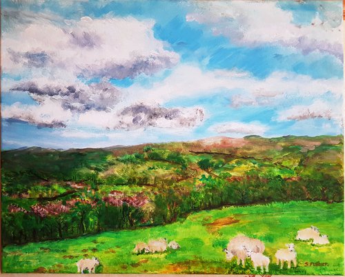 Sheep on the hills at Skipton by Sandra Fisher