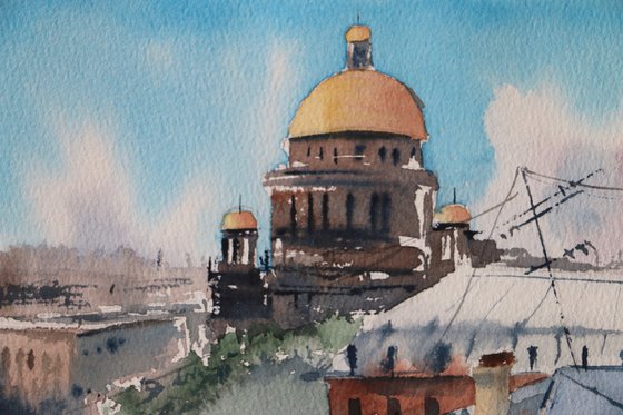 Roofs of houses in St. Petersburg. Original watercolor artwork.