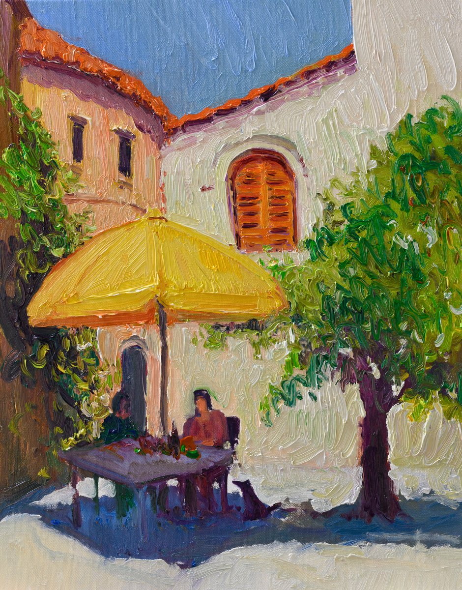 Expressive Landscape Oil Painting By Suren Nersisyan, 16 X 20", Yellow Umbrella, Original Artwork