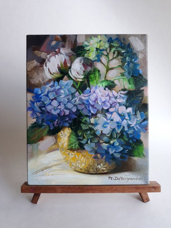 Blue hydrangea and White peonies painting