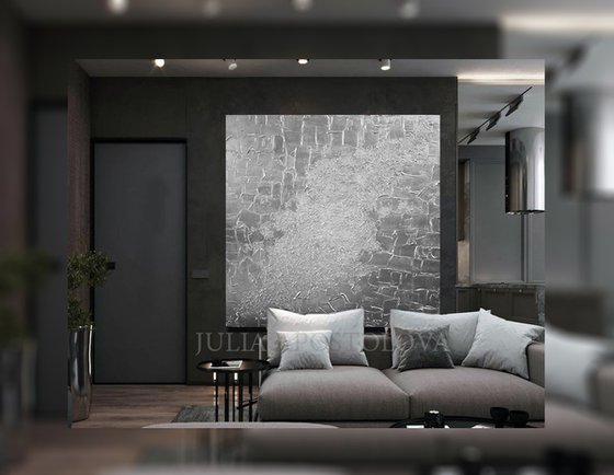 Silver Heavy Textured Art, Wall Sculpture, Minimalist Abstract Painting, Silver Wall Art, Rich Textures, Huge Sculpture 3d Art for Modern Contemporary Home or Office Decor by Julia Apostolova