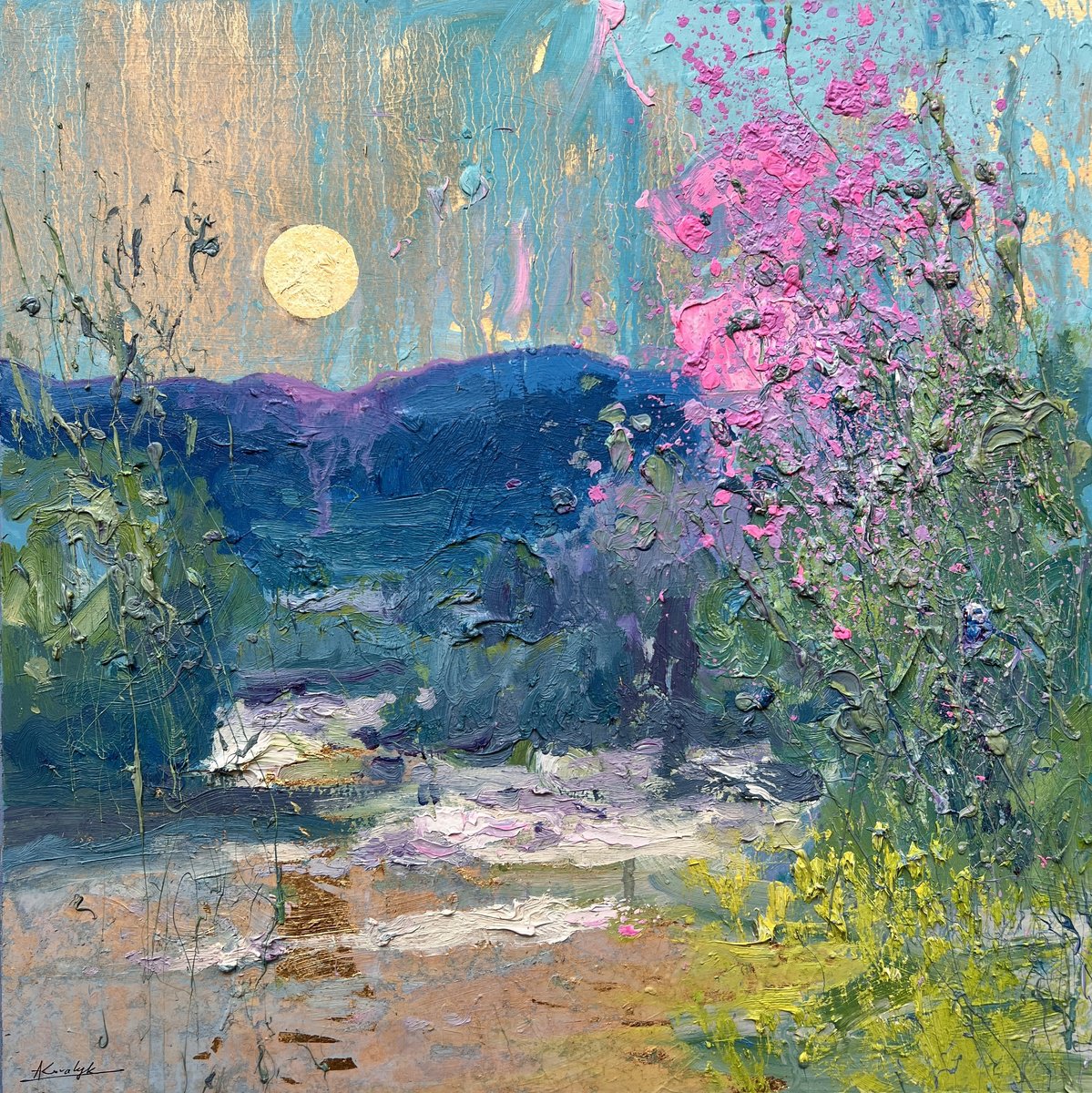 Impressionistic Landscape Oil Painting By Andrii Kovalyk, 20 X 20, Spring Silence Under The Moon, Original Artwork