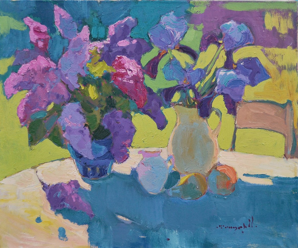 Impressionistic Landscape Oil Painting By Alexander Shandor, 28 X 24, Irises And Lilacs, Original Artwork