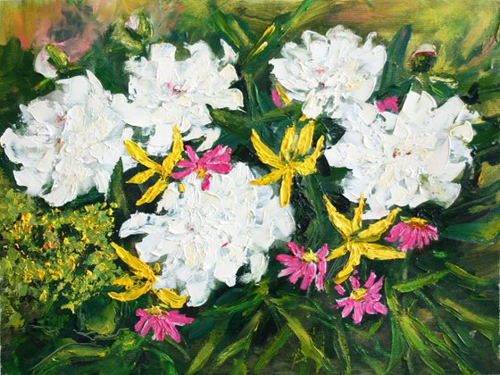 White Peonies in Garden ... /  ORIGINAL PAINTING