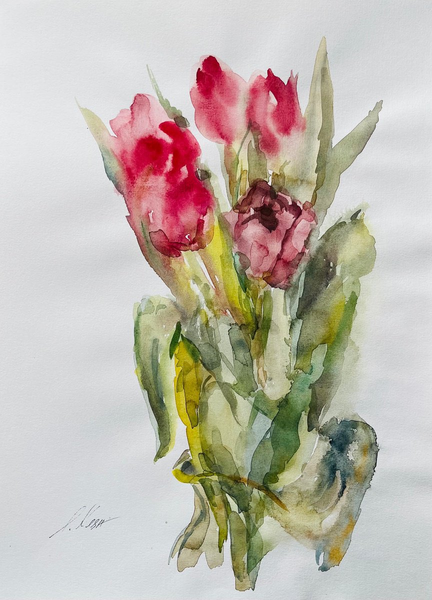 Impressionistic Still Life Watercolour By Elena Klyan, 11 X 16, Tulips 2 2024, Original Artwork