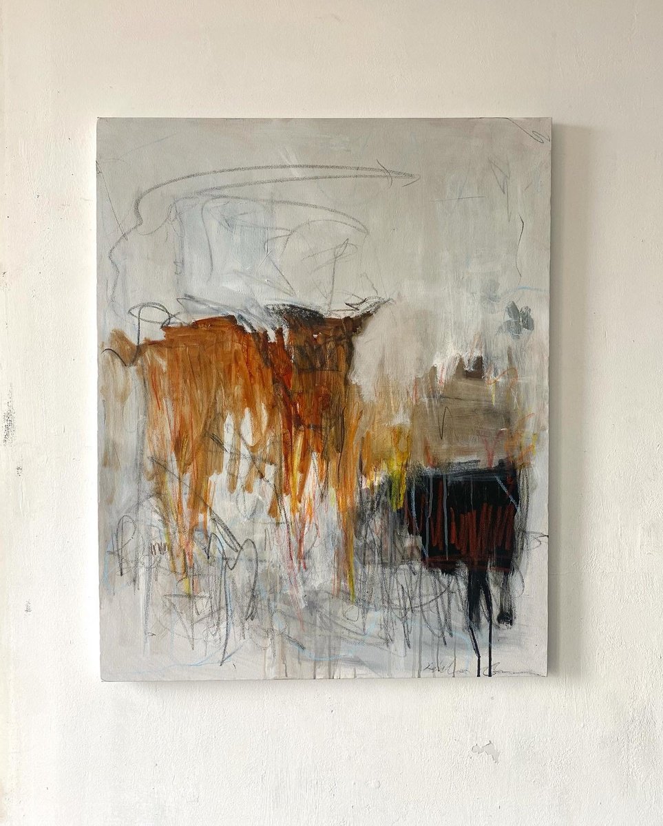 Expressive Abstract Oil Painting By Grey Aiden, 31 X 39, Gone In Mountains, Original Artwork