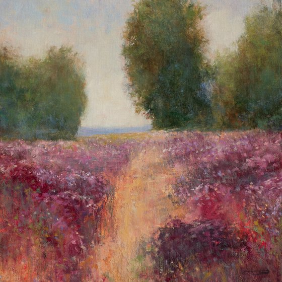 Pink Flower Field 220912, trees and road path impressionist landscape painting